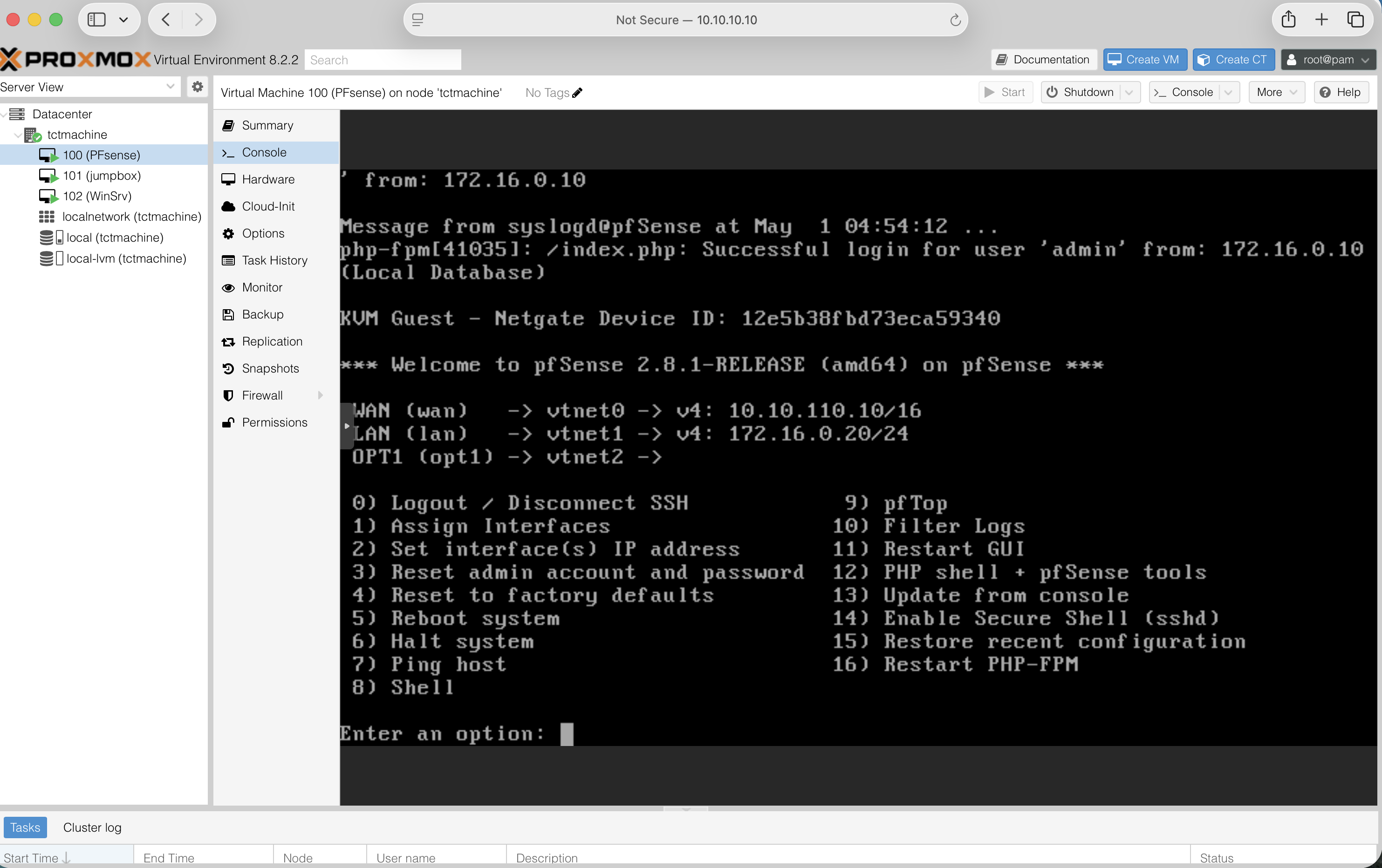 pfSense 2.8.1 console banner inside Proxmox showing three configured interfaces and the 16-option menu