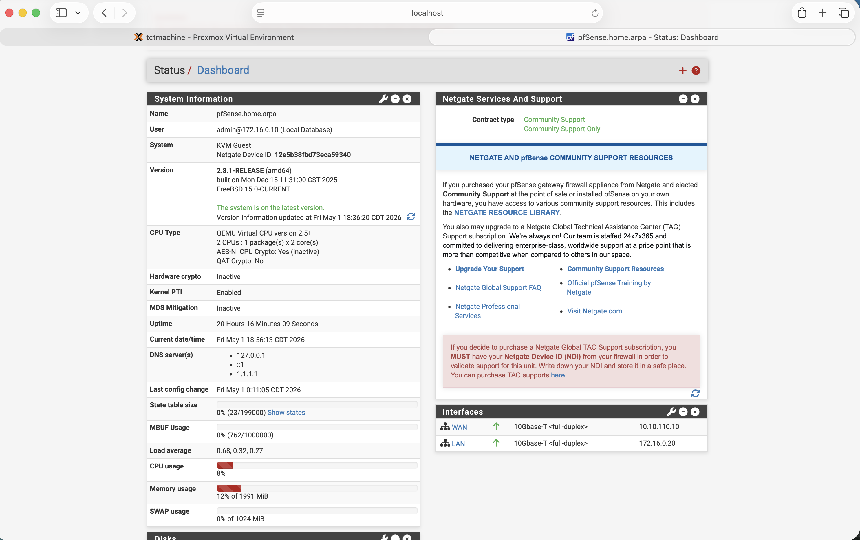 pfSense 2.8.1 web UI Status Dashboard showing system info, version, uptime, interfaces, and resource usage