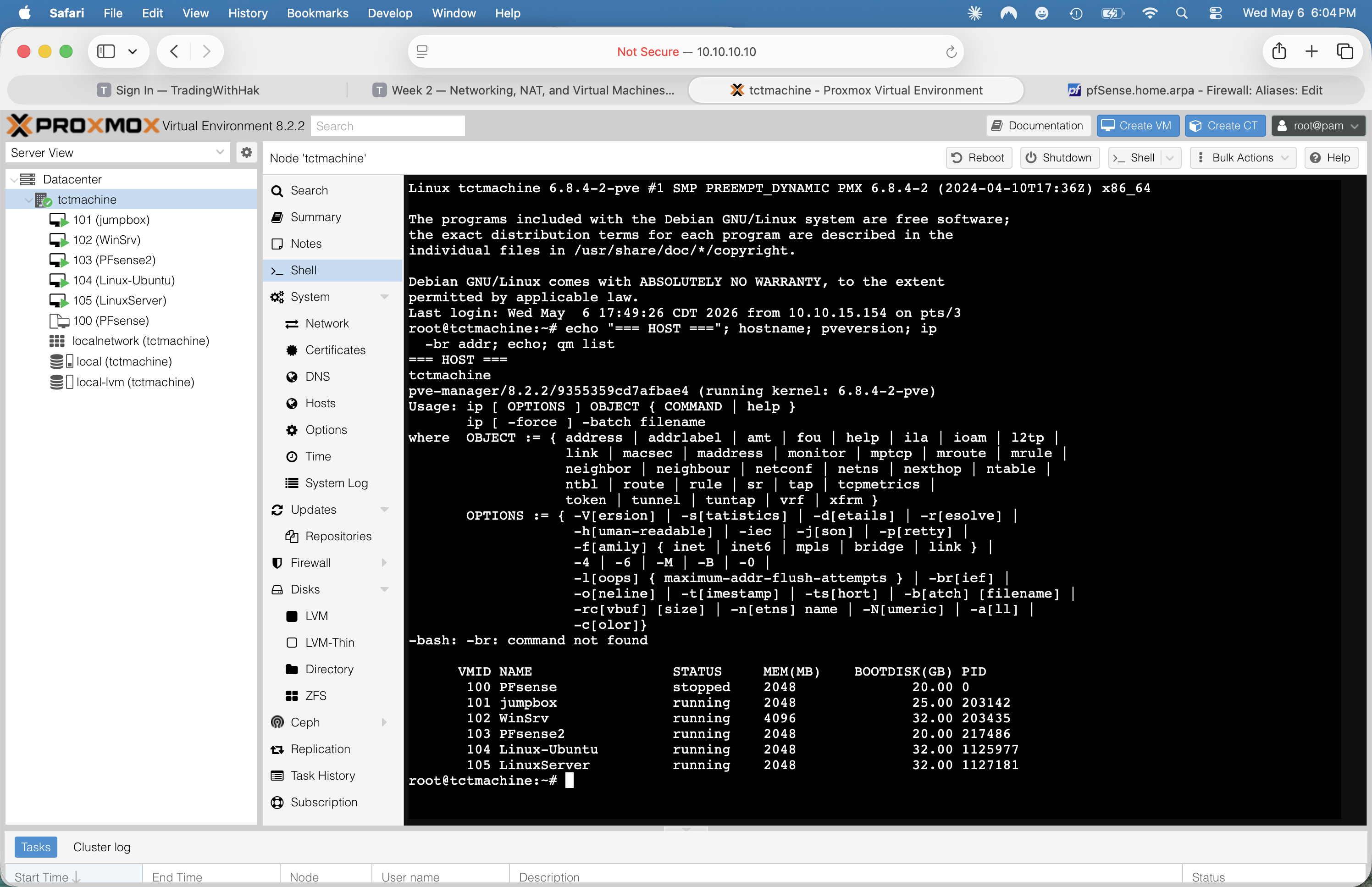 qm list showing all 6 VMs and bridge config