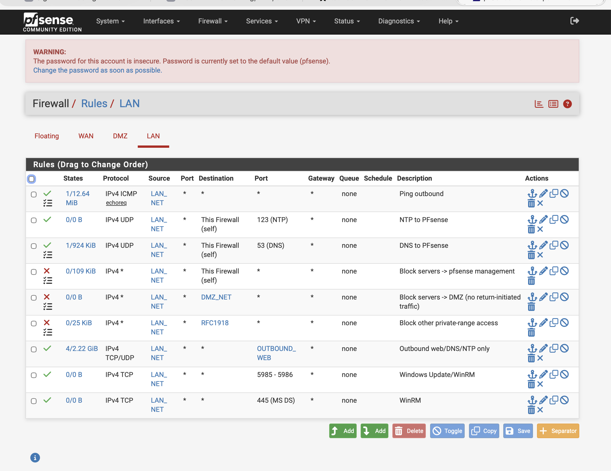 pfSense LAN firewall rules — 9 rules visible