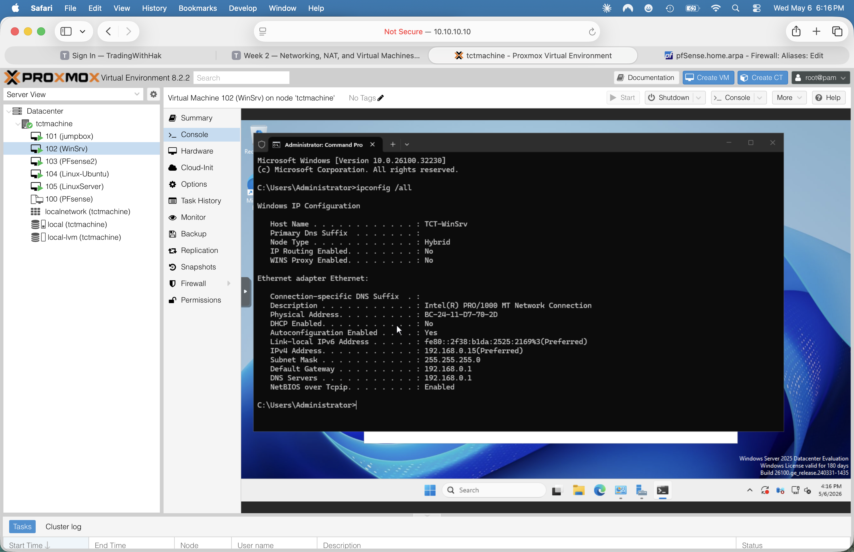 ipconfig /all on WinSrv